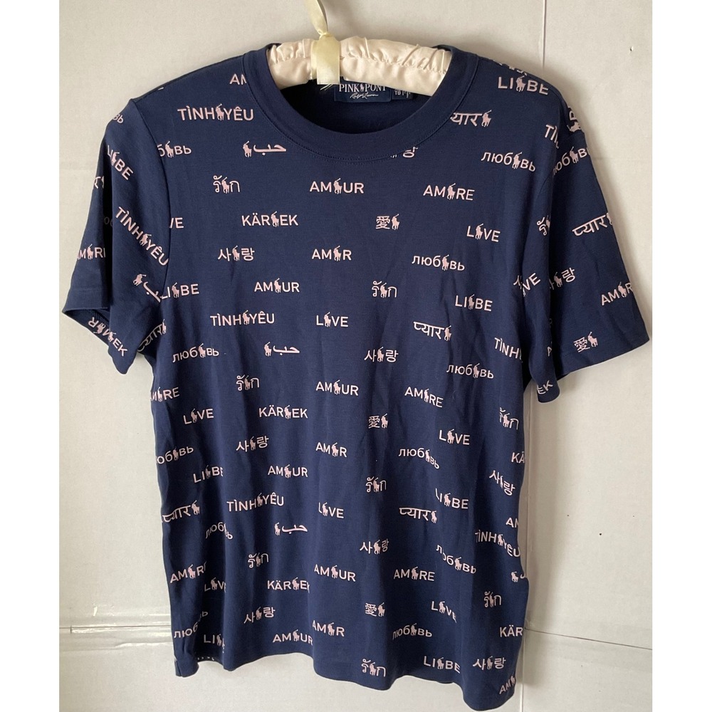 Ralph Lauren Pink Pony Navy Blue Multi Language Love Graphic T-Shirt XL TG